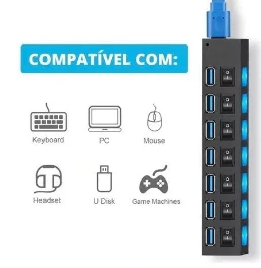 USB HUB 2.0 Com 7 Portas E Extensão Para PC HD Externo Pendrive